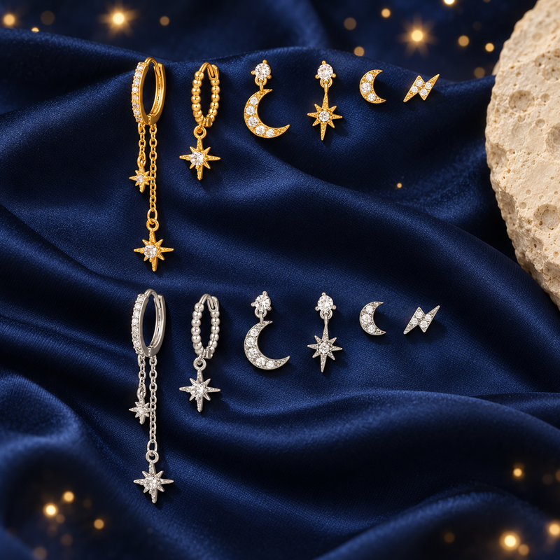 Styled editorial image of FITINY Celestial Star & Moon Earring Set — 6 or 12 Pieces; AI-created celestial setting. See original product photos for product reference.