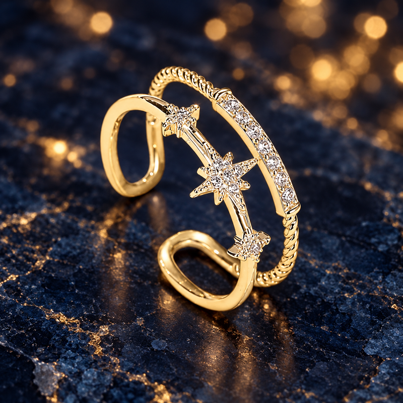 Styled editorial image of Celestial Triple Star Ring; AI-created setting. Original product photo also included.