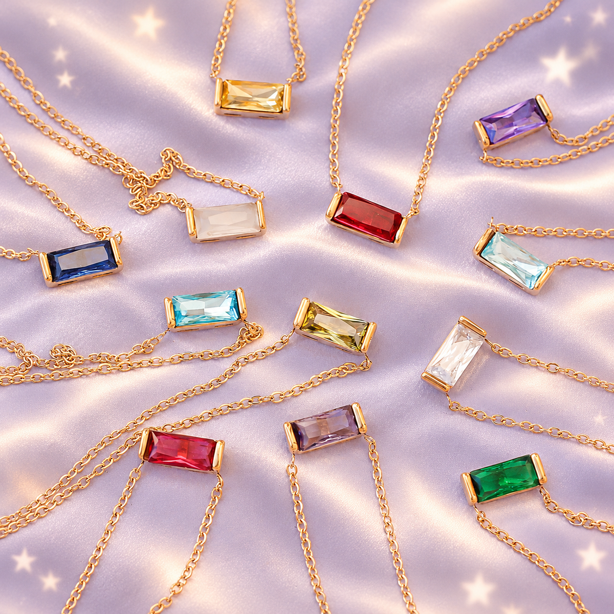 Alternate styled image: Birthlight CZ color options on lilac satin. One necklace per order; AI-created setting.