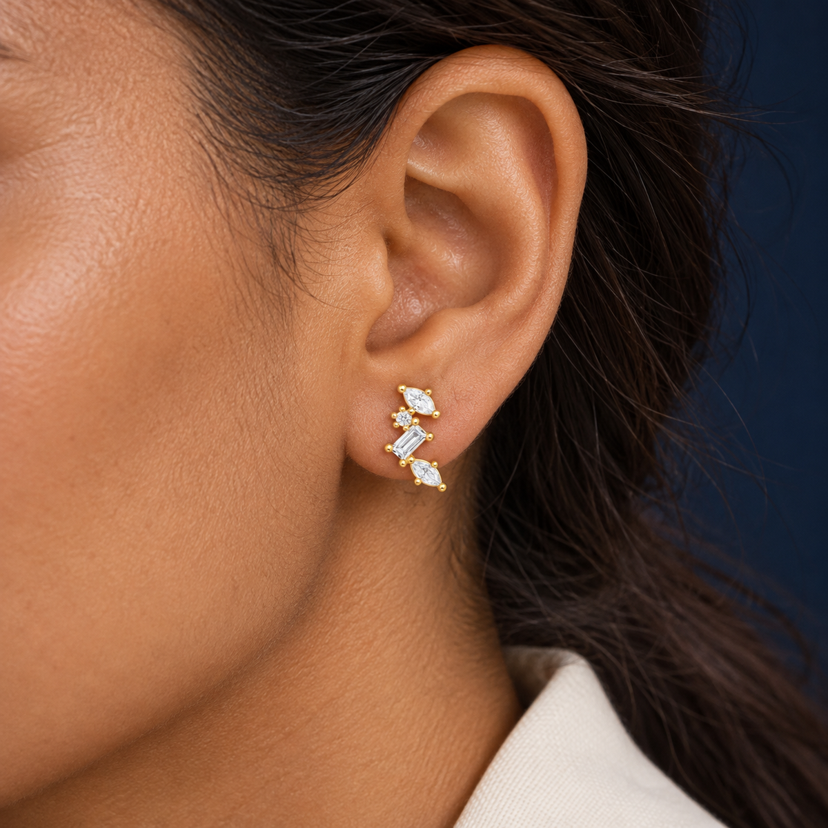 AI-generated on-body styling image of Dloria Celestial CZ Cluster Stud Earrings. Shown: Gold. Illustrative fit; see original product photos and measurements.