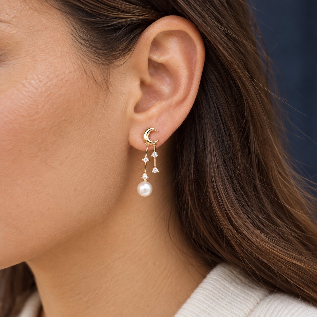 AI-generated on-body styling image of Crescent Moon & Pearl Drop Earrings — Wimsico. Shown: Gold. Illustrative fit; see original product photos and measurements.