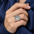 AI-generated on-body styling image of Luna Moon Face & Stars Sterling Silver Ring — My Ring Guru. Shown: Sterling silver. Illustrative fit; see original product photos and measurements.