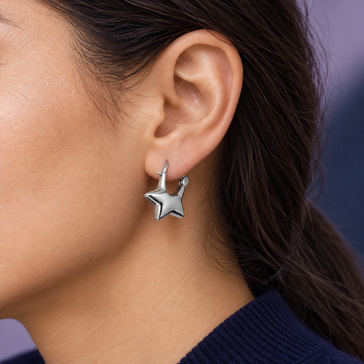 AI-generated on-body styling image of Starlit Star Hoop Earrings — Wimsico. Shown: Silver-tone. Illustrative fit; see original product photos and measurements.