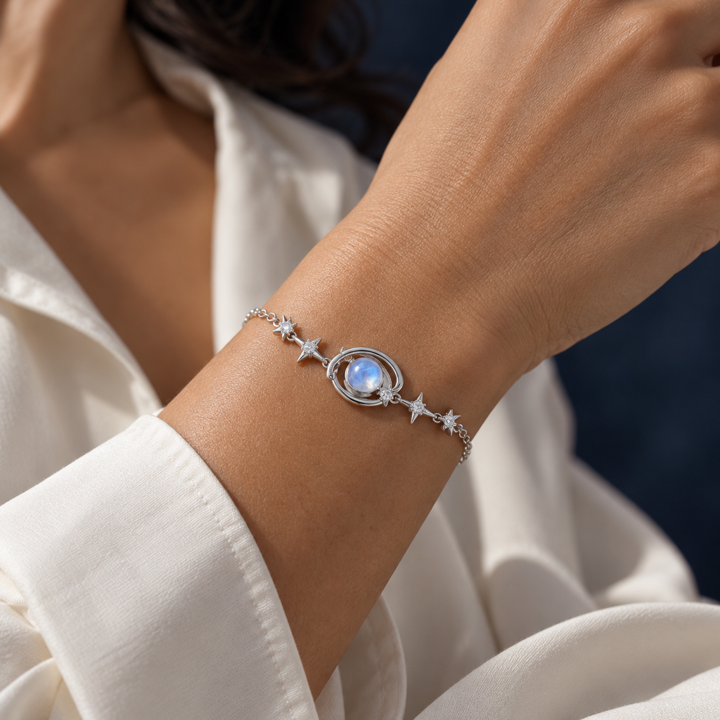AI-generated on-body styling image of Starry Orbit Sterling Silver Bracelet — Wimsico. Shown: Silver · blue moonstone. Illustrative fit; see original product photos and measurements.