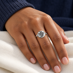 AI-generated on-body styling image of Night Sky Moon & Stars Sterling Silver Ring — My Ring Guru. Shown: Sterling silver. Illustrative fit; see original product photos and measurements.