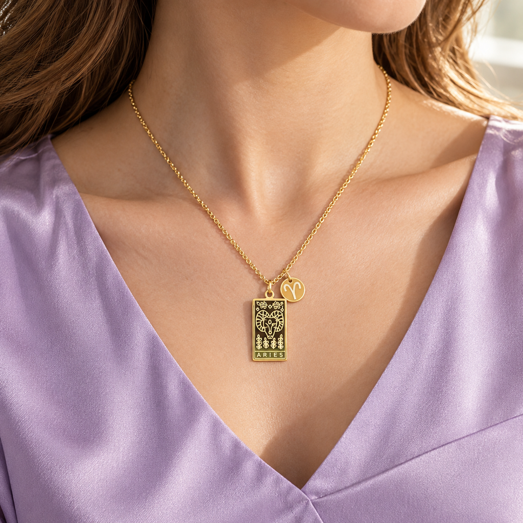 AI-generated on-body styling image of Written in the Stars Reversible Zodiac Necklace — Rose & Clay. Shown: Gold · Aries. Illustrative fit; see original product photos and measurements.