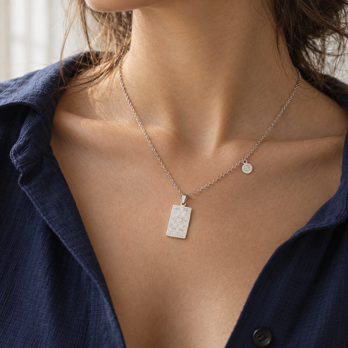 AI-generated on-body styling image of Star Sign Zodiac Pendant Necklace — Wimsico. Shown: Silver · Cancer. Illustrative fit; see original product photos and measurements.