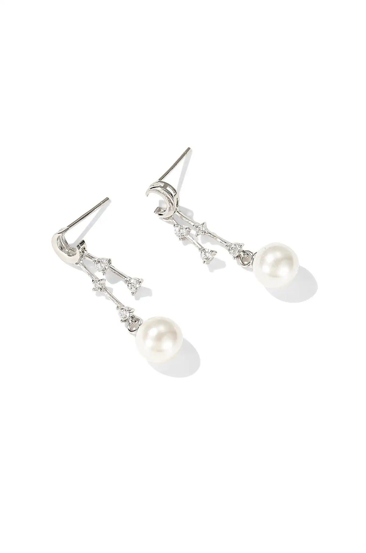 Original product photograph: Crescent Moon & Pearl Drop Earrings — White Gold