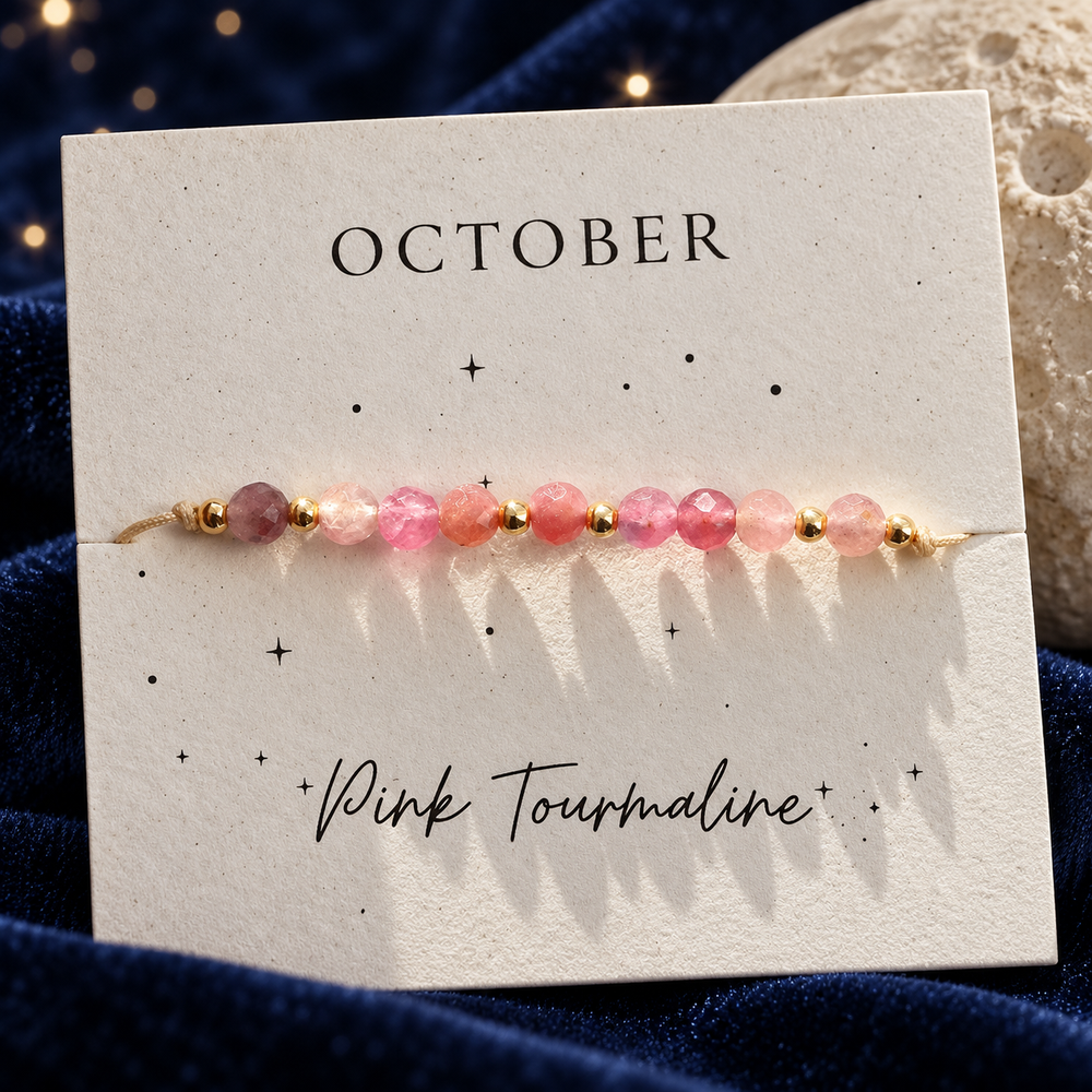 Styled editorial image of Birth Month Crystal Cord Bracelet — Curated By Suarez; AI-created celestial setting. See original product photos for product reference.