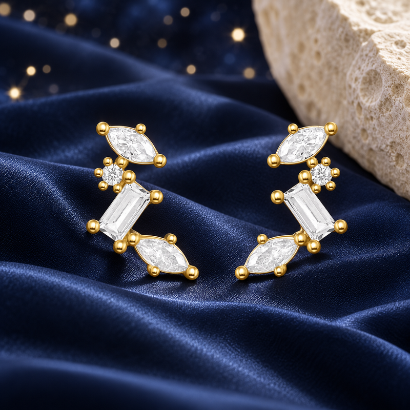 Styled editorial image of Dloria Celestial CZ Cluster Stud Earrings; AI-created celestial setting. See original product photos for product reference.