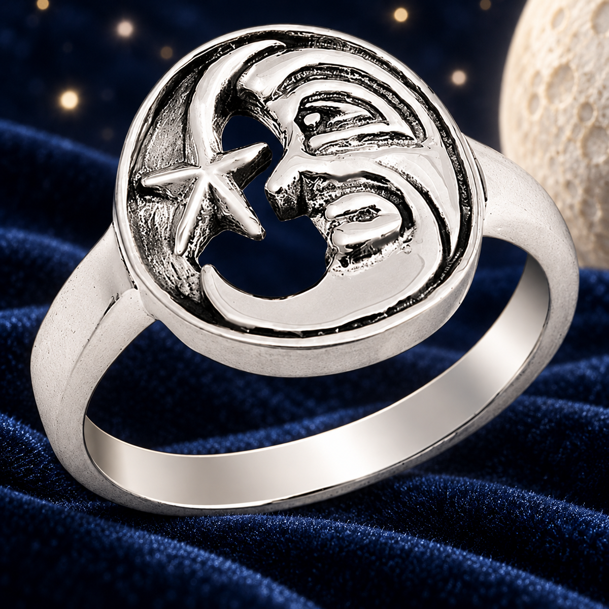 Styled editorial image of Luna Moon Face & Stars Sterling Silver Ring — My Ring Guru; AI-created celestial setting. See original product photos for product reference.