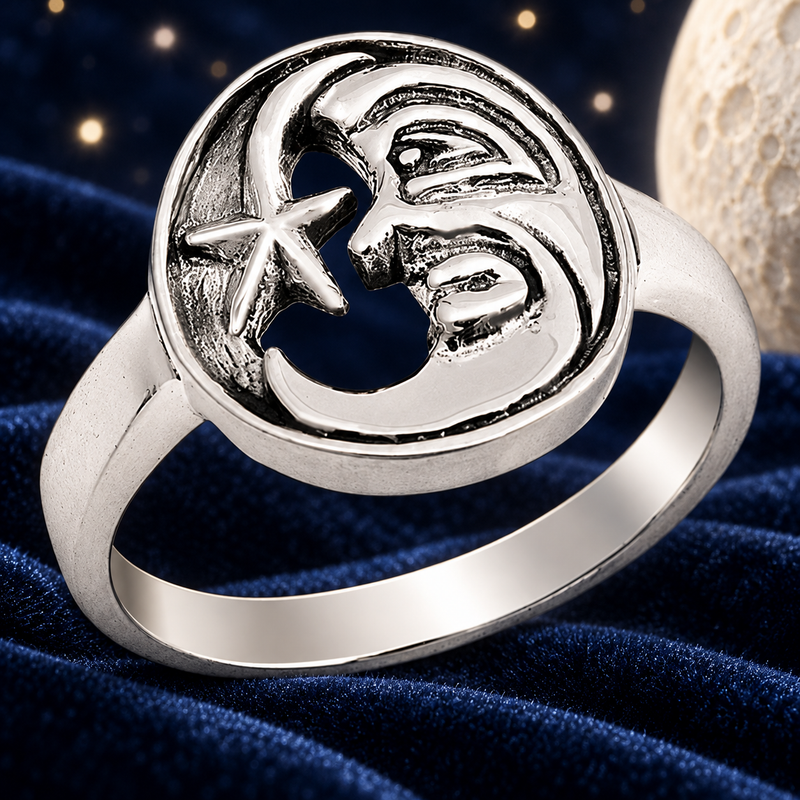 Styled editorial image of Luna Moon Face & Stars Sterling Silver Ring — My Ring Guru; AI-created celestial setting. See original product photos for product reference.
