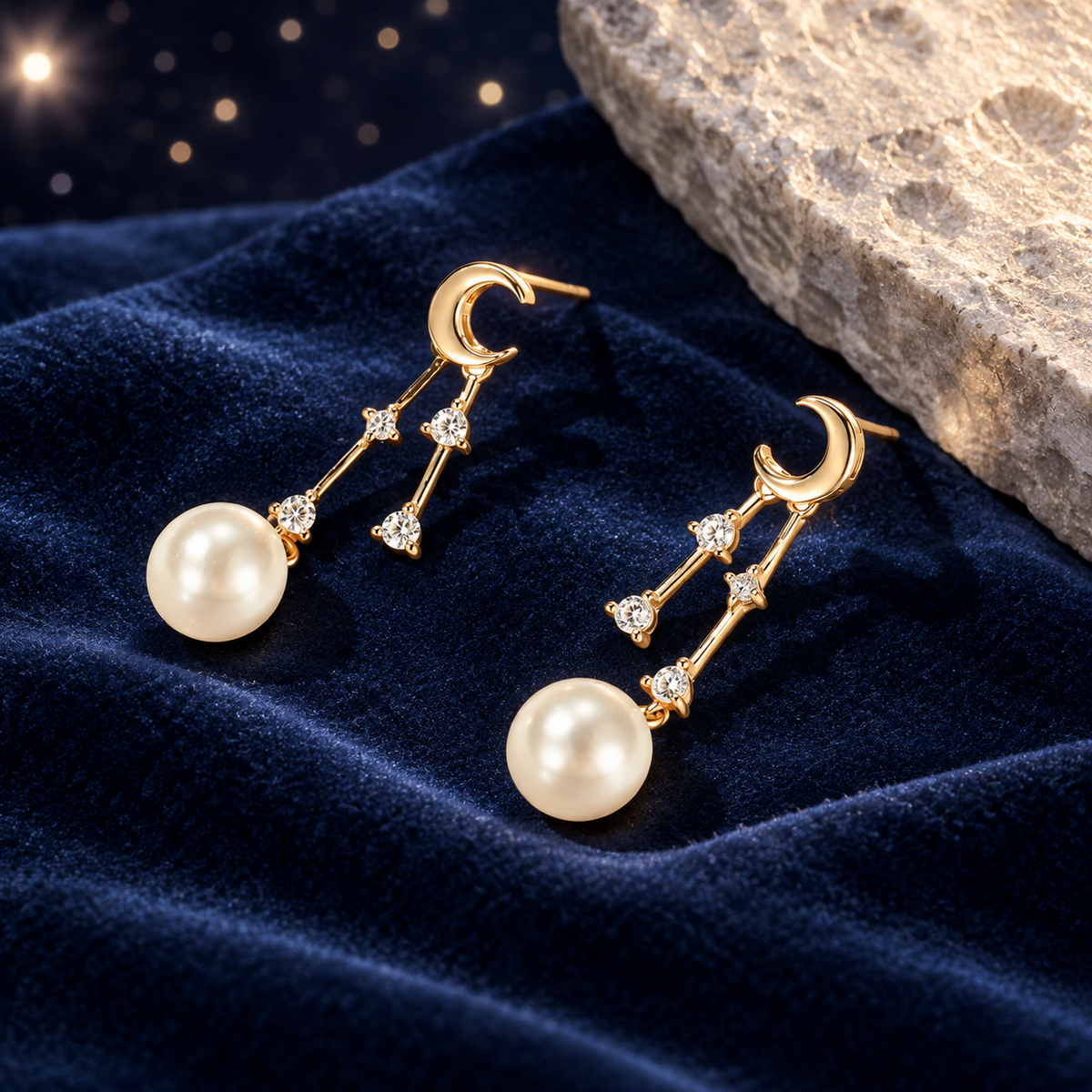 Styled editorial image of Crescent Moon & Pearl Drop Earrings — Wimsico; AI-created celestial setting. See original product photos for product reference.