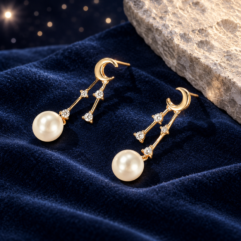 Styled editorial image of Crescent Moon & Pearl Drop Earrings — Wimsico; AI-created celestial setting. See original product photos for product reference.