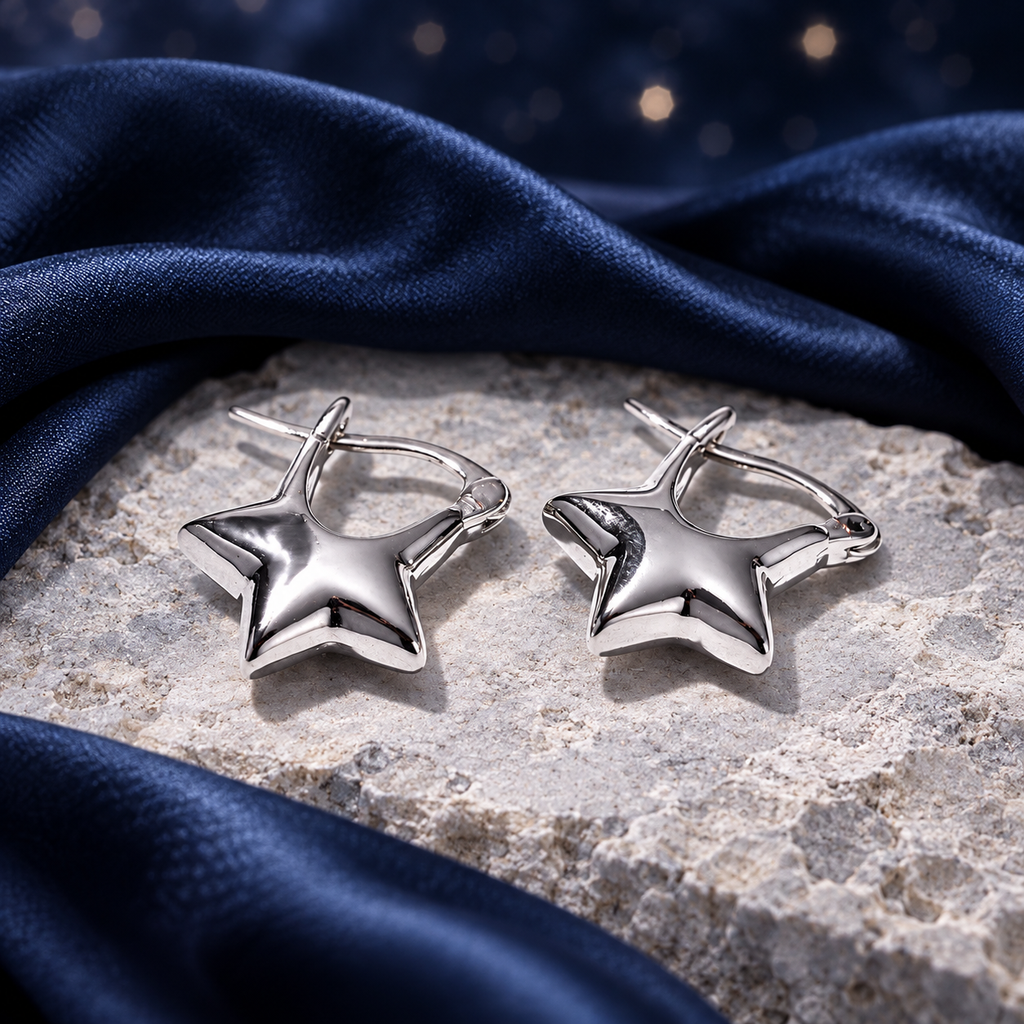 Styled editorial image of Starlit Star Hoop Earrings — Wimsico; AI-created celestial setting. See original product photos for product reference.