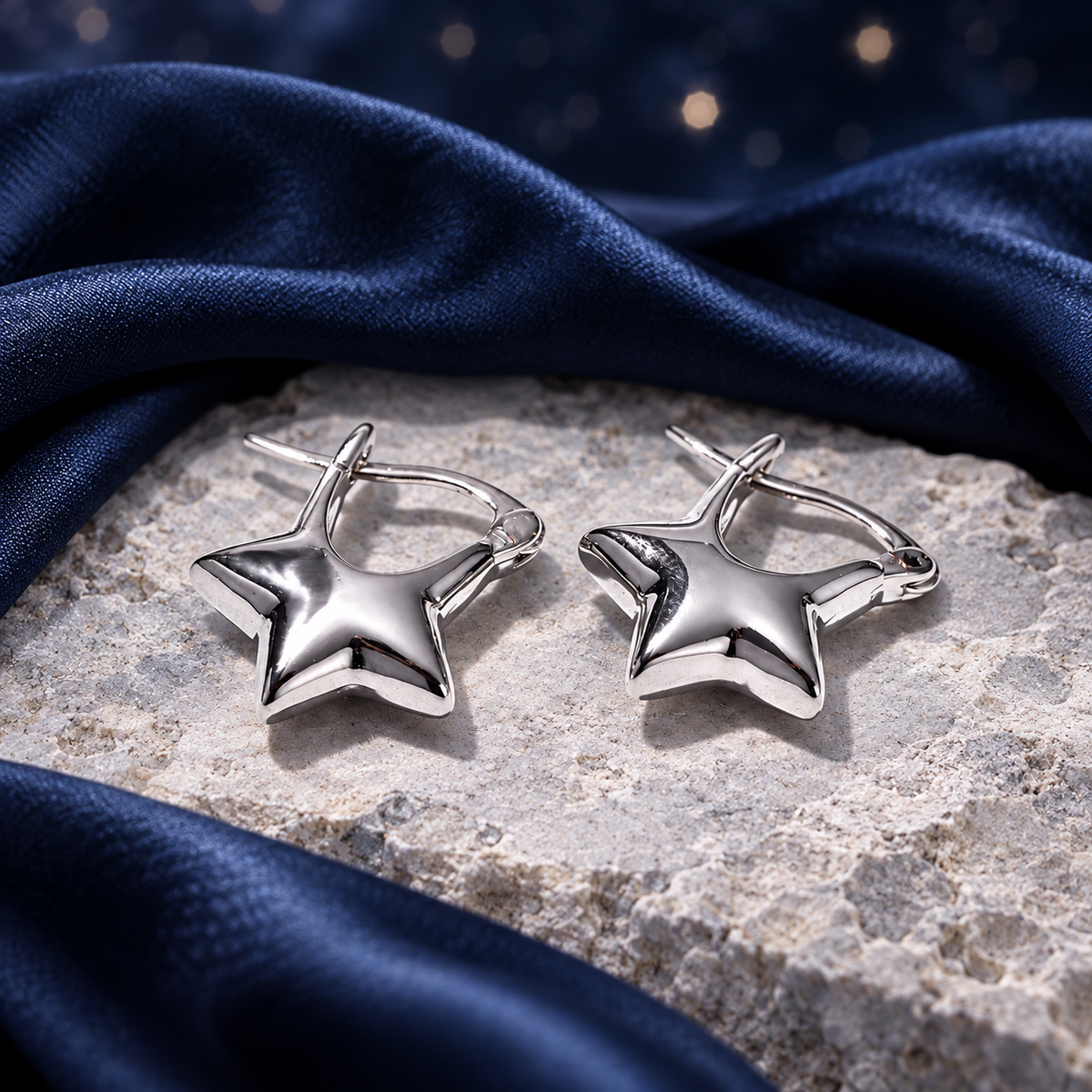 Styled editorial image of Starlit Star Hoop Earrings — Wimsico; AI-created celestial setting. See original product photos for product reference.