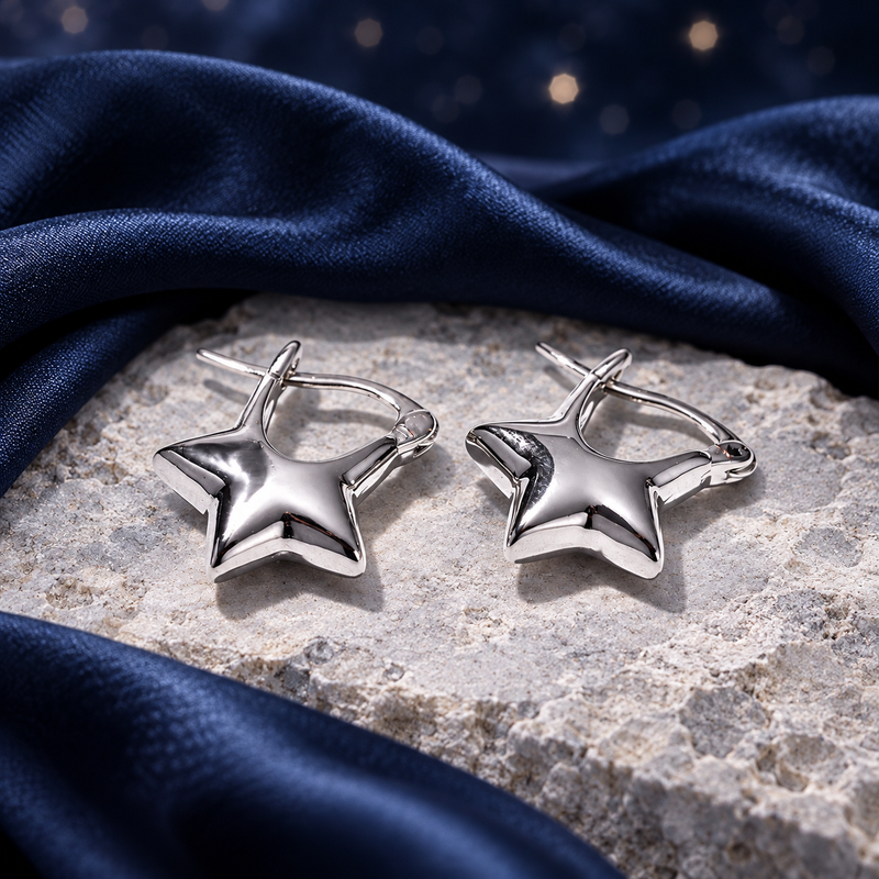 Styled editorial image of Starlit Star Hoop Earrings — Wimsico; AI-created celestial setting. See original product photos for product reference.