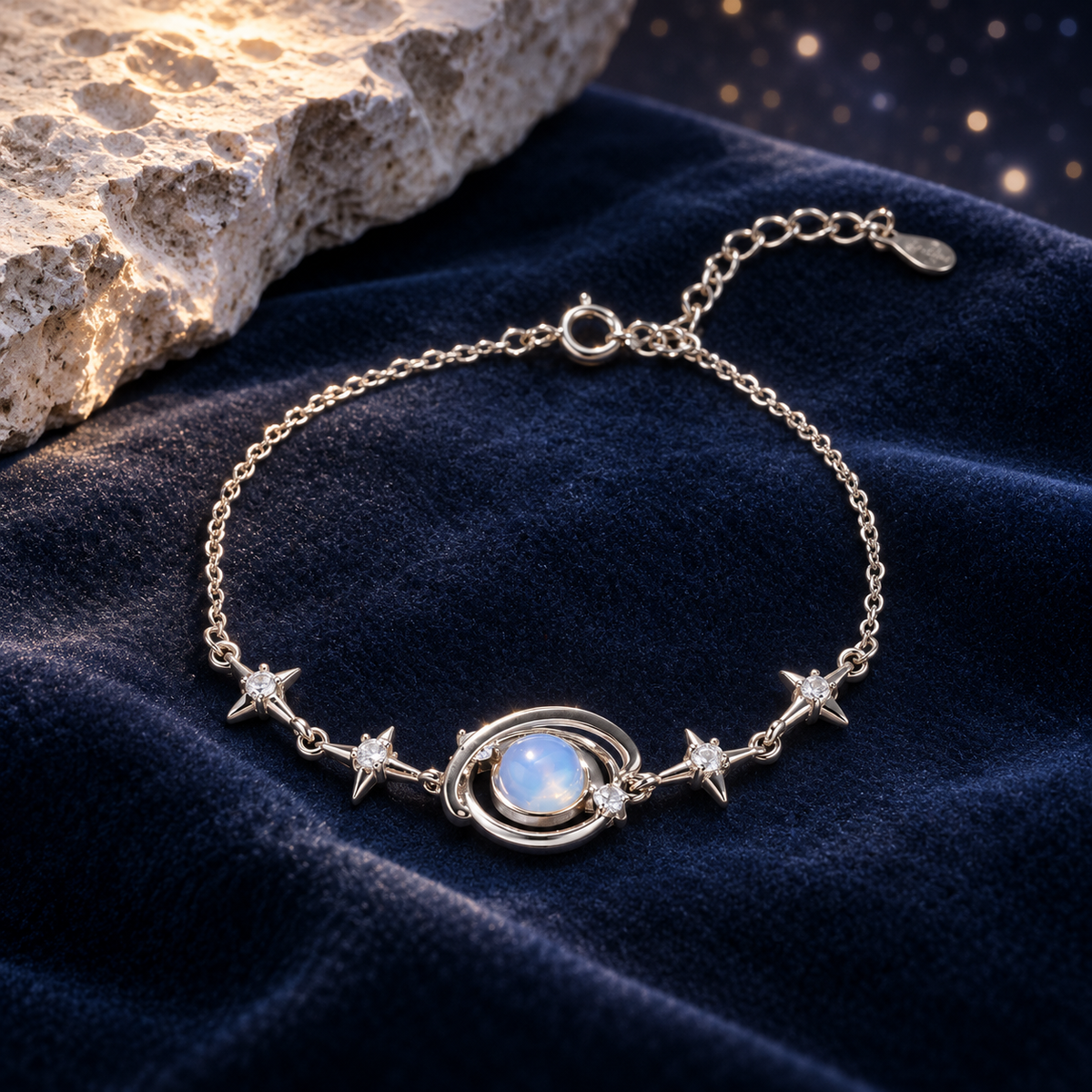 Styled editorial image of Starry Orbit Sterling Silver Bracelet — Wimsico; AI-created celestial setting. See original product photos for product reference.
