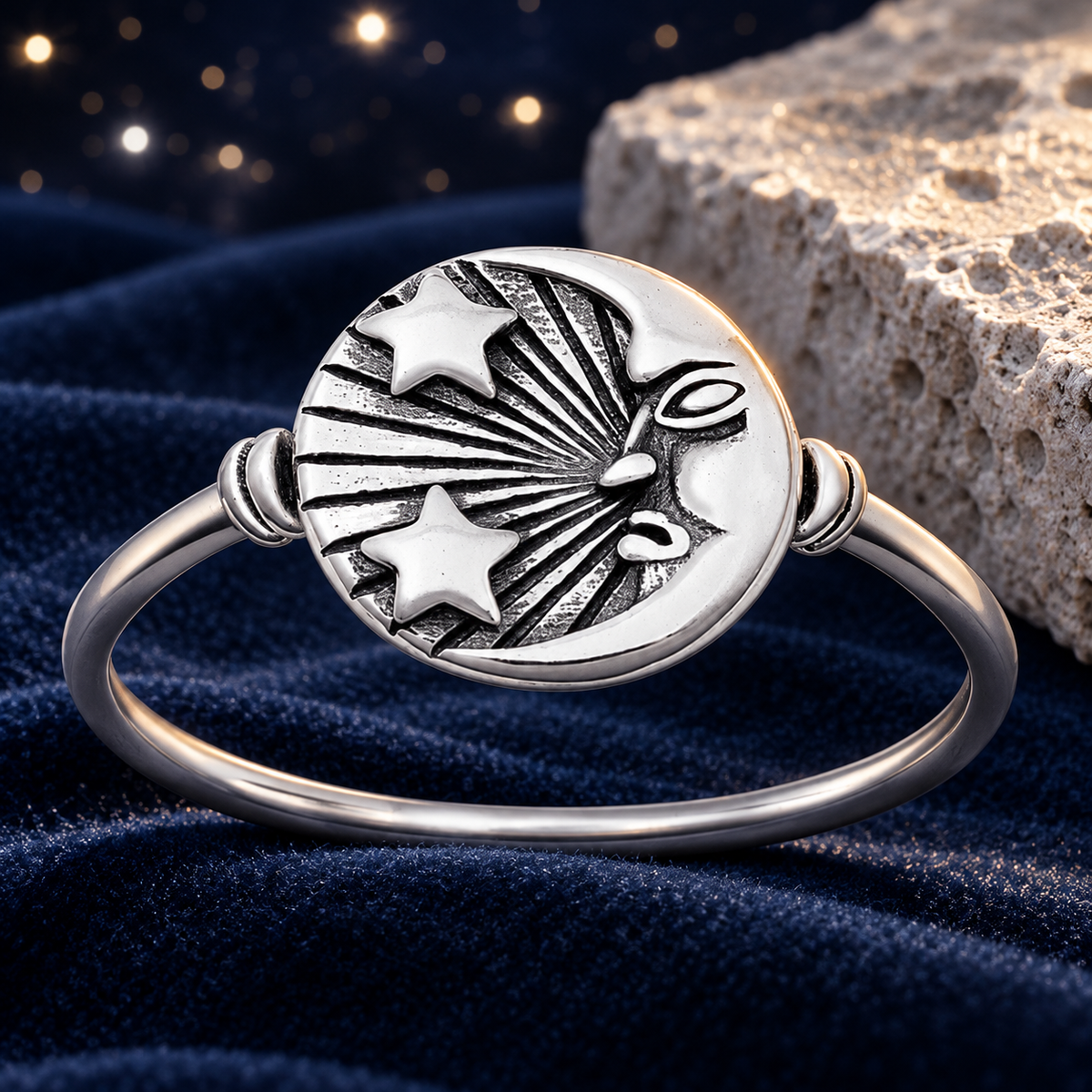 Styled editorial image of Night Sky Moon & Stars Sterling Silver Ring — My Ring Guru; AI-created celestial setting. See original product photos for product reference.