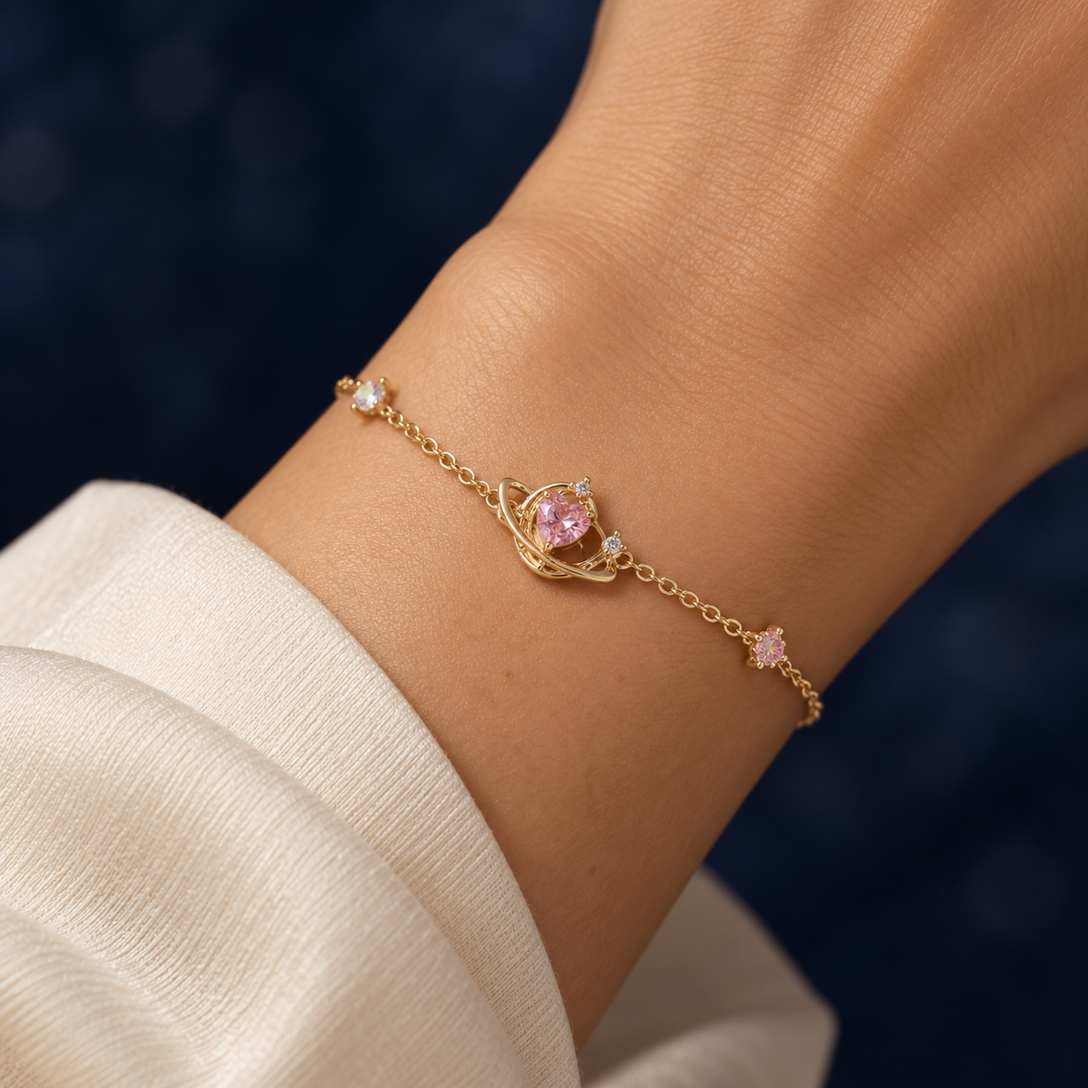 AI-generated on-body styling illustration of Lunar Pink Heart Bracelet. Illustrative fit; refer to original product photos and measurements.