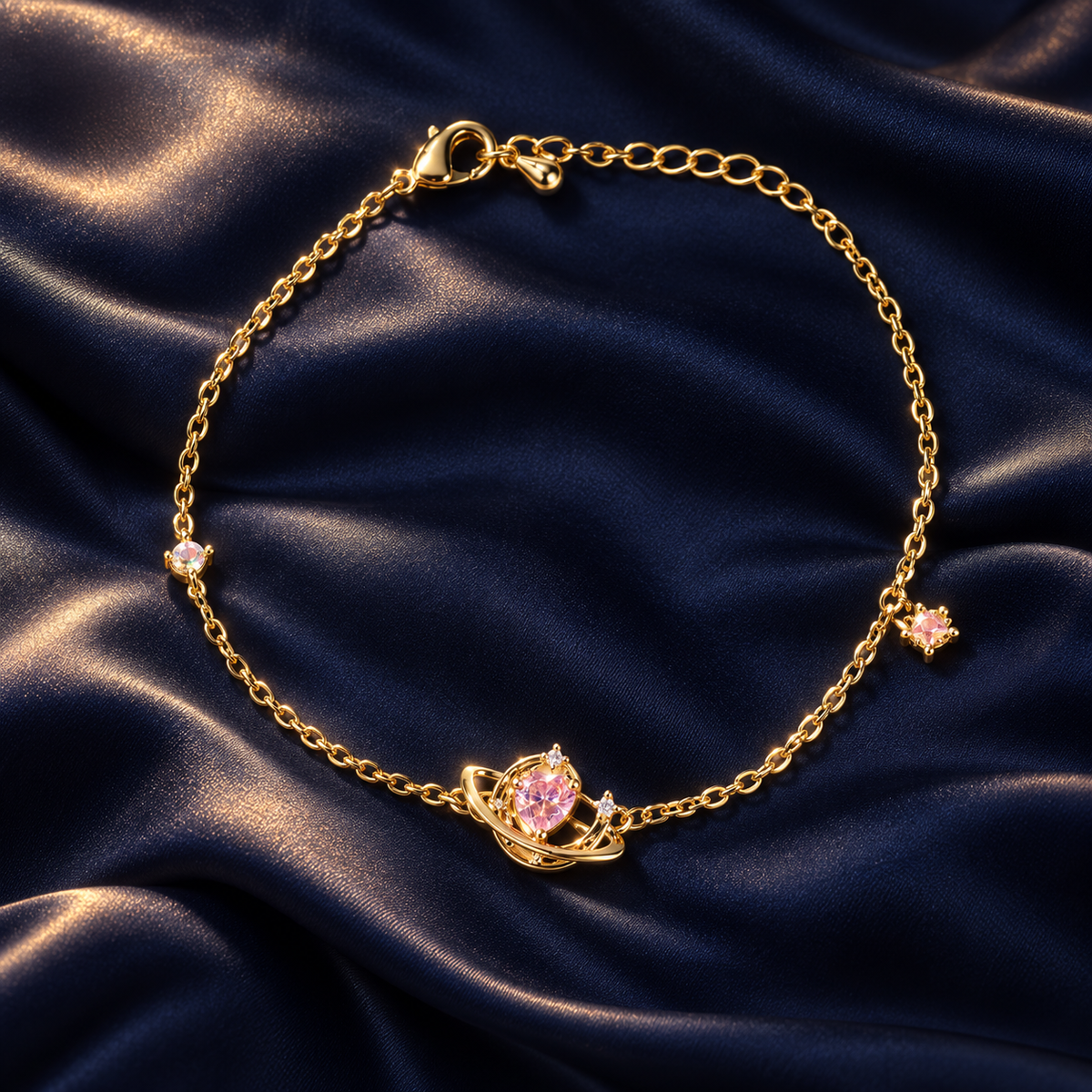 Styled editorial image of Lunar Pink Heart Bracelet; AI-created setting. Original product photo also included.