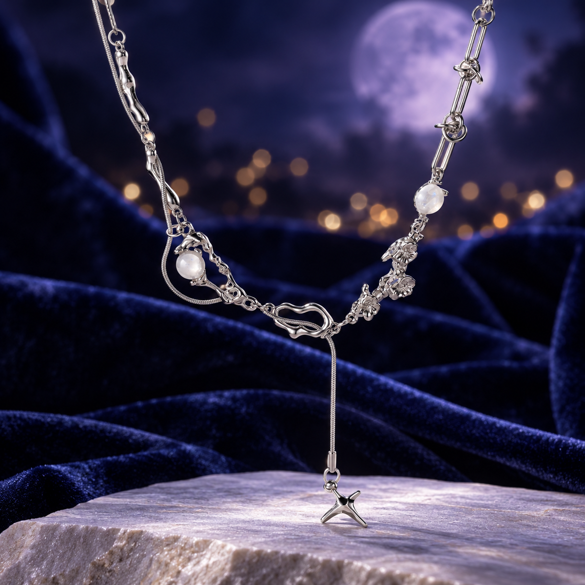 Styled editorial image of Shooting Star Necklace; AI-created setting. Original product photo also included.