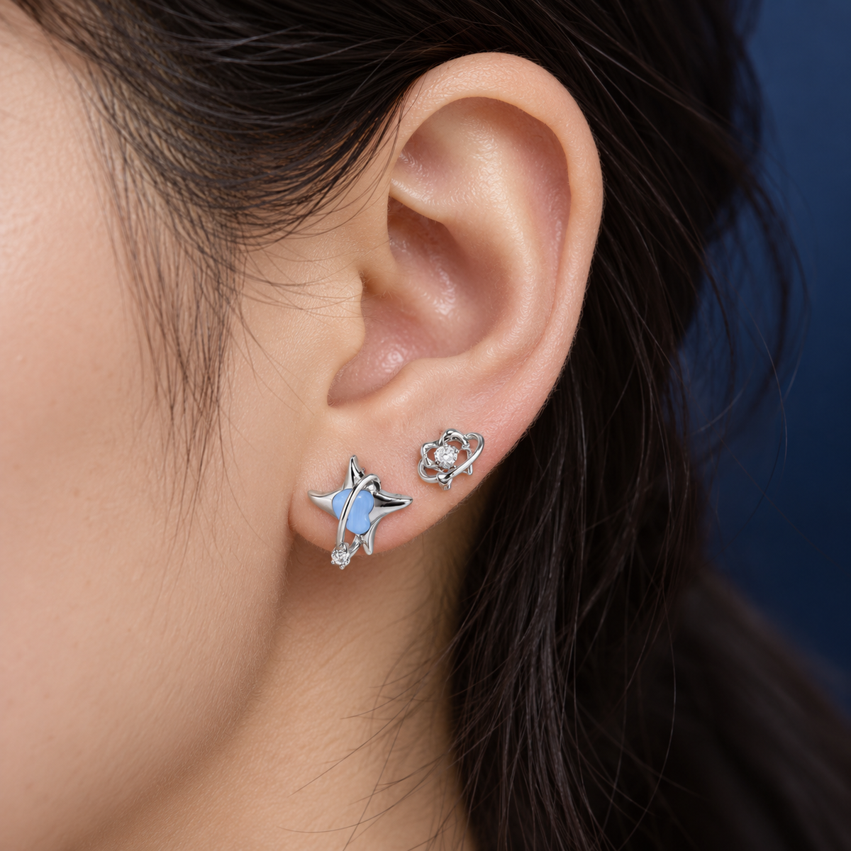 AI-generated on-body styling illustration of Blue Starlight Stud Earring Set. Illustrative fit; refer to original product photos and measurements.
