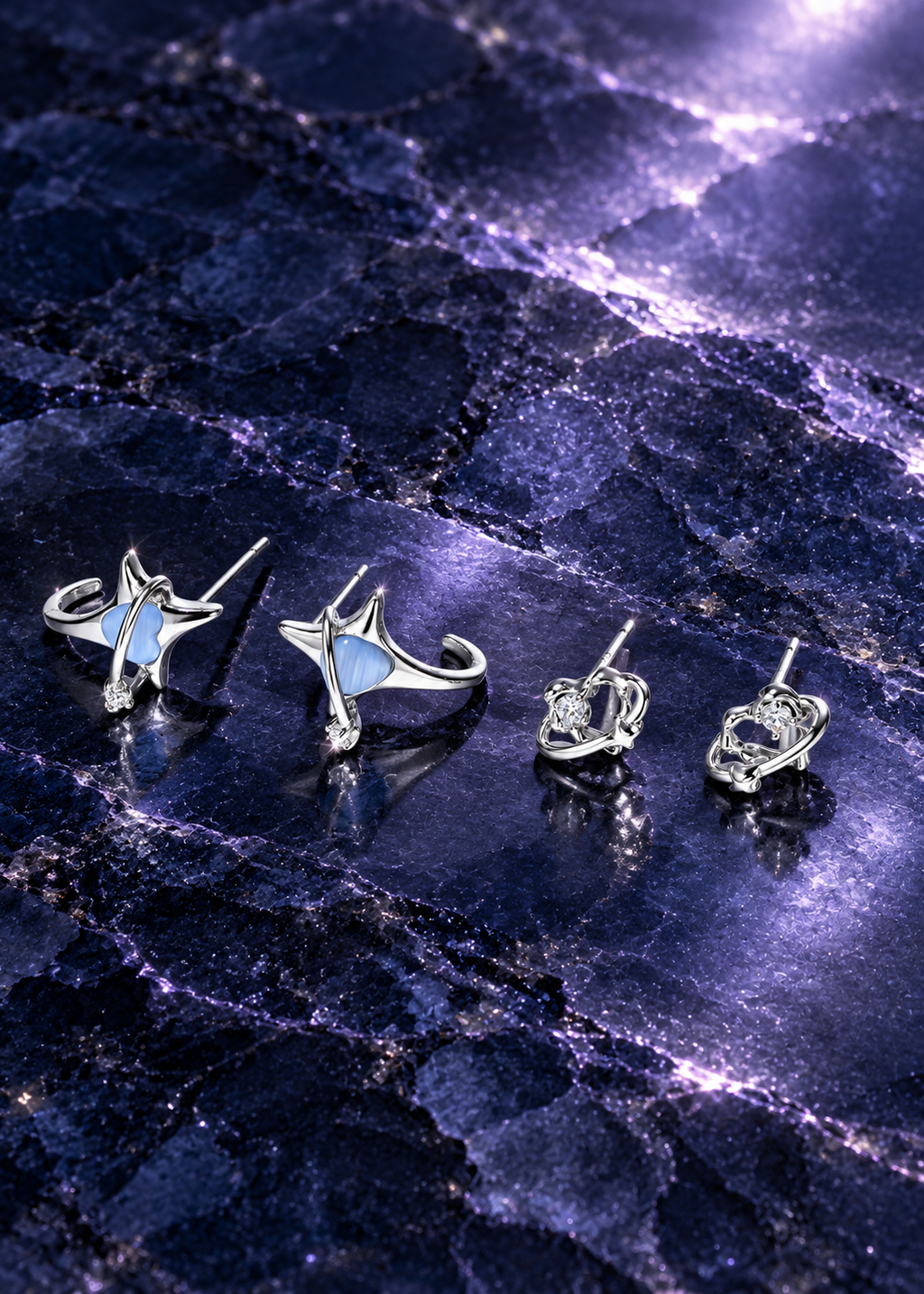Styled editorial image of Blue Starlight Stud Earring Set; AI-created setting. Original product photo also included.