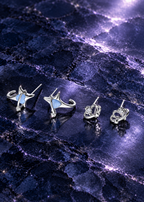 Styled editorial image of Blue Starlight Stud Earring Set; AI-created setting. Original product photo also included.