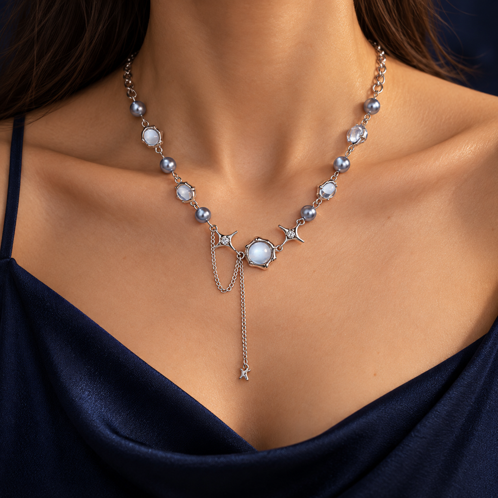 AI-generated on-body styling illustration of Starlight Opal Necklace. Illustrative fit; refer to original product photos and measurements.