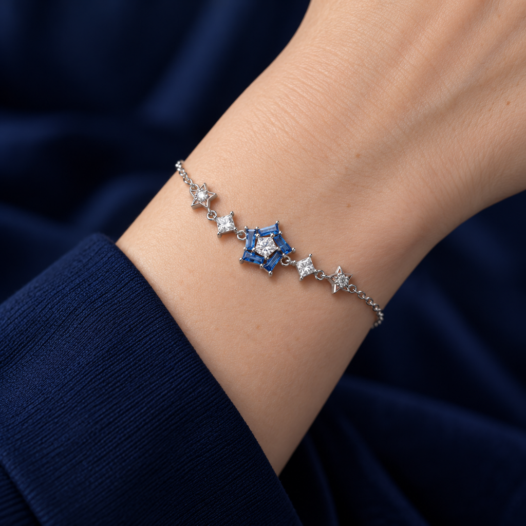 AI-generated on-body styling illustration of Stellar Blue Crystal Bracelet. Illustrative fit; refer to original product photos and measurements.