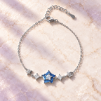 Styled editorial image of Stellar Blue Crystal Bracelet; AI-created setting. Original product photo also included.