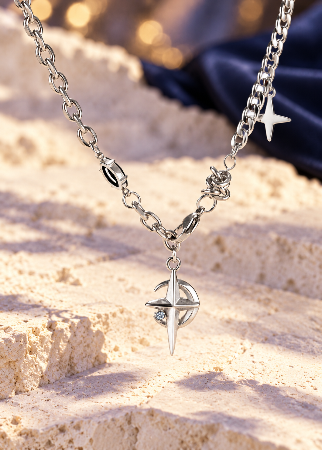 Styled editorial image of Stellar Moon & Star Necklace; AI-created setting. Original product photo also included.